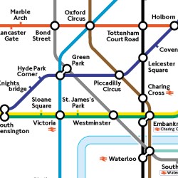 A London Underground (subway) map which shows different stations and routes between the stations. The lines between the stations are different colors, which correspond to different routes.